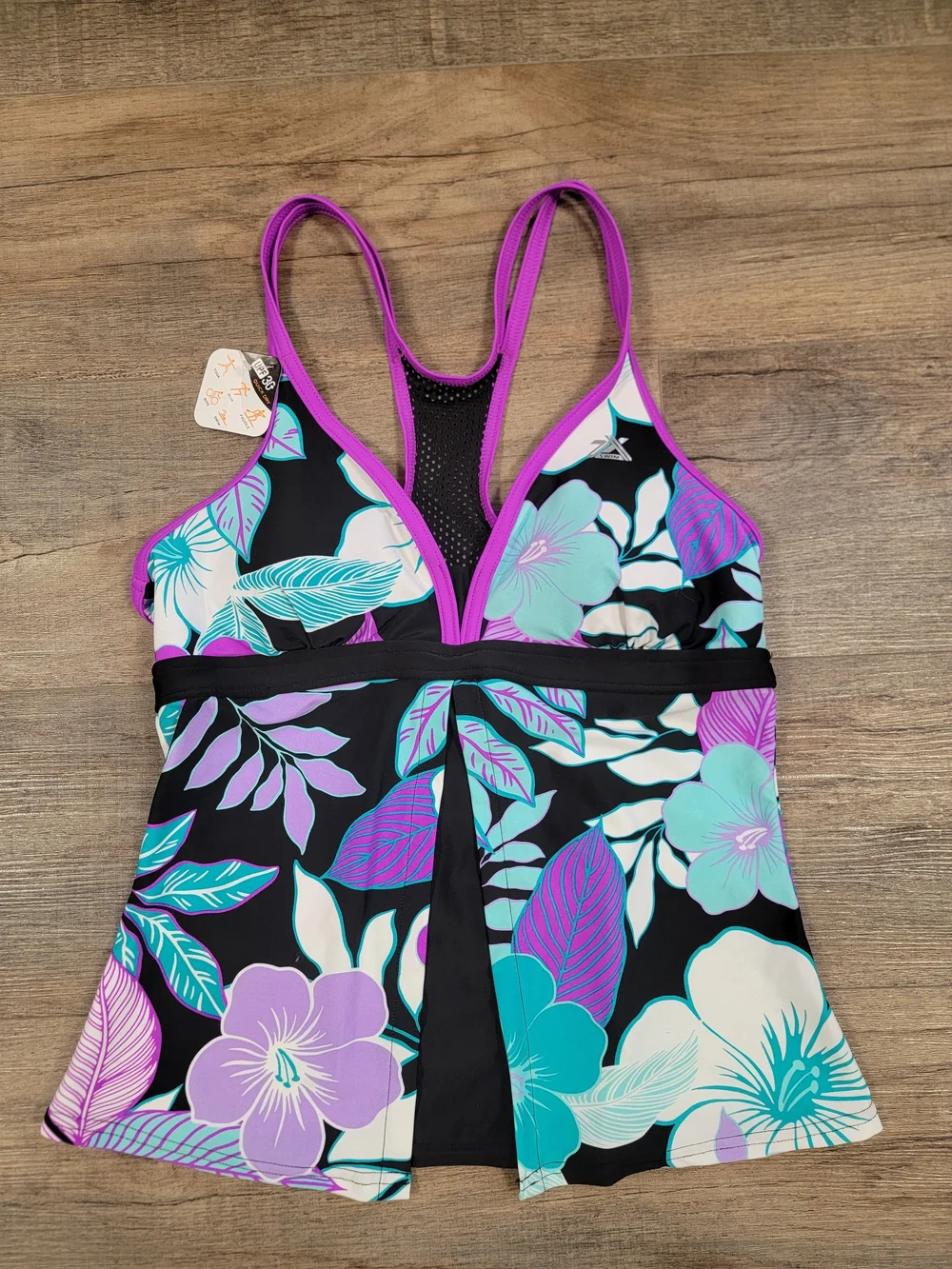 ZeroXposur Black Floral Tankini Top with Teal & Purple Accents Medium 10/12 NWT